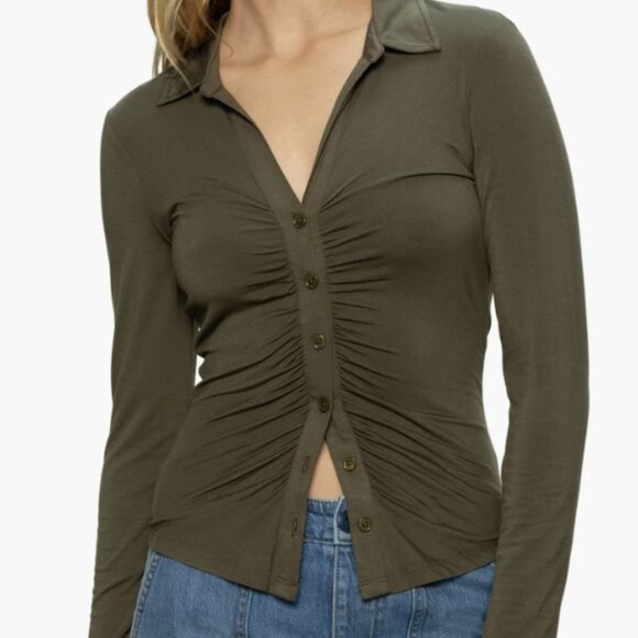 Sanctuary Tops - Sanctuary Dreamgirl Button Up Olive Green Ruched Size Small NEW